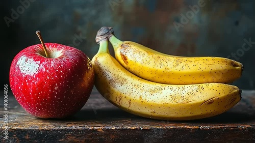 Fresh red apple and ripe bananas on a rustic wooden table with a textured background