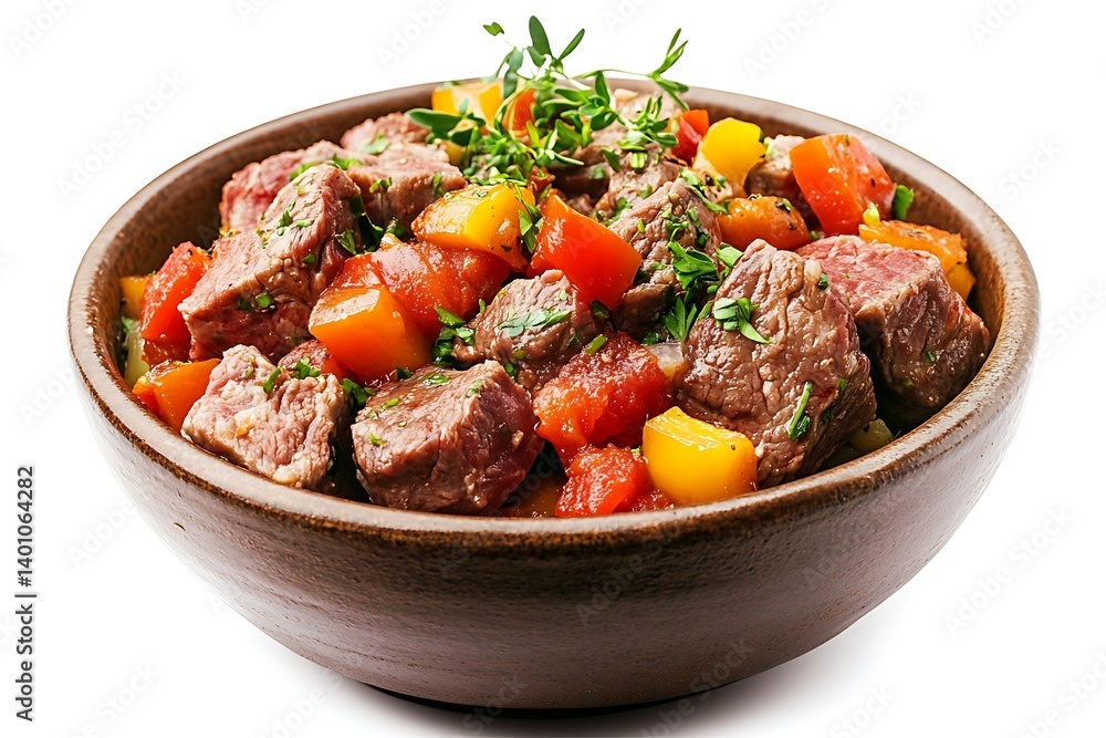 Savory Cubed Beef with Vegetables and Herbs in Bowl on White Background – Hearty & Flavorful Dish Close-Up Savory Cubed Beef with Vegetables and Herbs in Bowl on White Background – Hearty & Flavorful Dish Close-Up