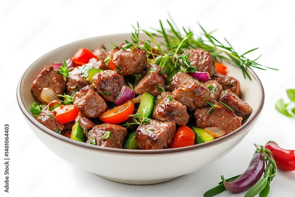 Savory Cubed Beef with Vegetables and Herbs in Bowl on White Background – Hearty & Flavorful Dish Close-Up Savory Cubed Beef with Vegetables and Herbs in Bowl on White Background – Hearty & Flavorful Dish Close-Up