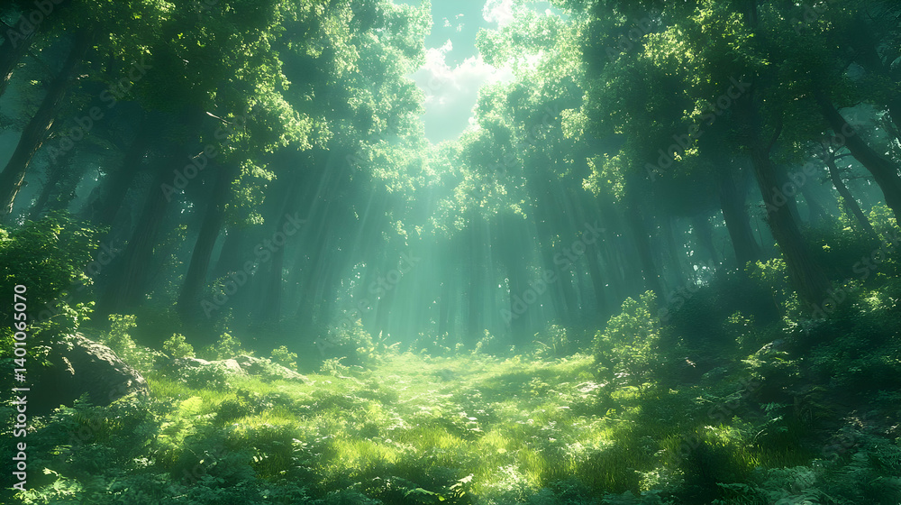 Obraz premium Sunlit Green Forest Path with Lush Undergrowth