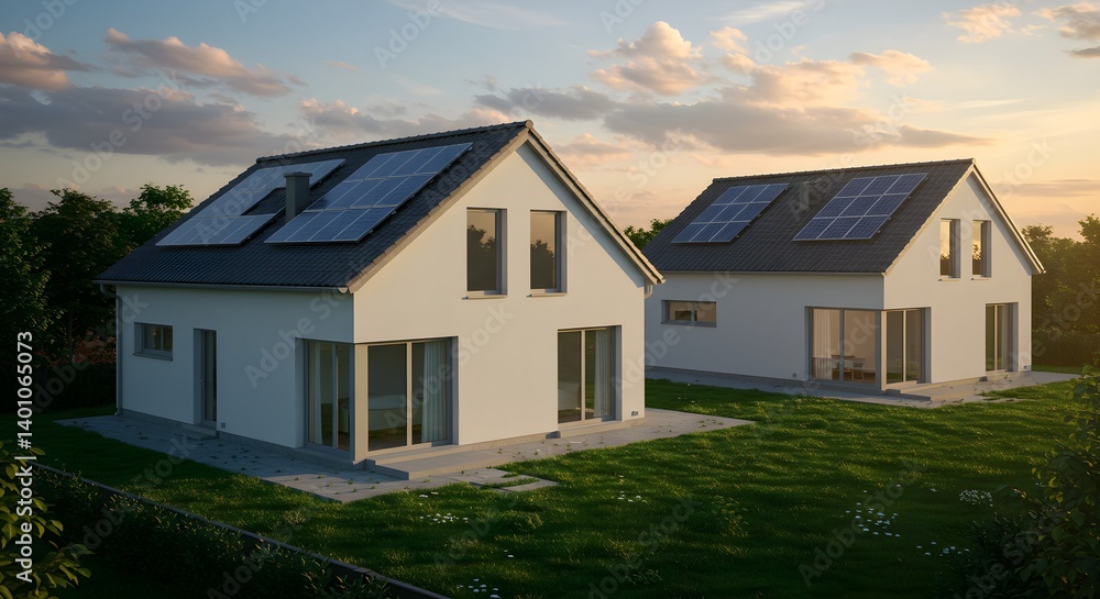 newly constructed homes with solar panels on the roof under a bright sky A close up of a brand new structure with dark solar panels. Solar panel. Generative AI technology. newly constructed homes with solar panels on the roof under a bright sky A close up of a brand new structure with dark solar panels. Solar panel. Generative AI technology.