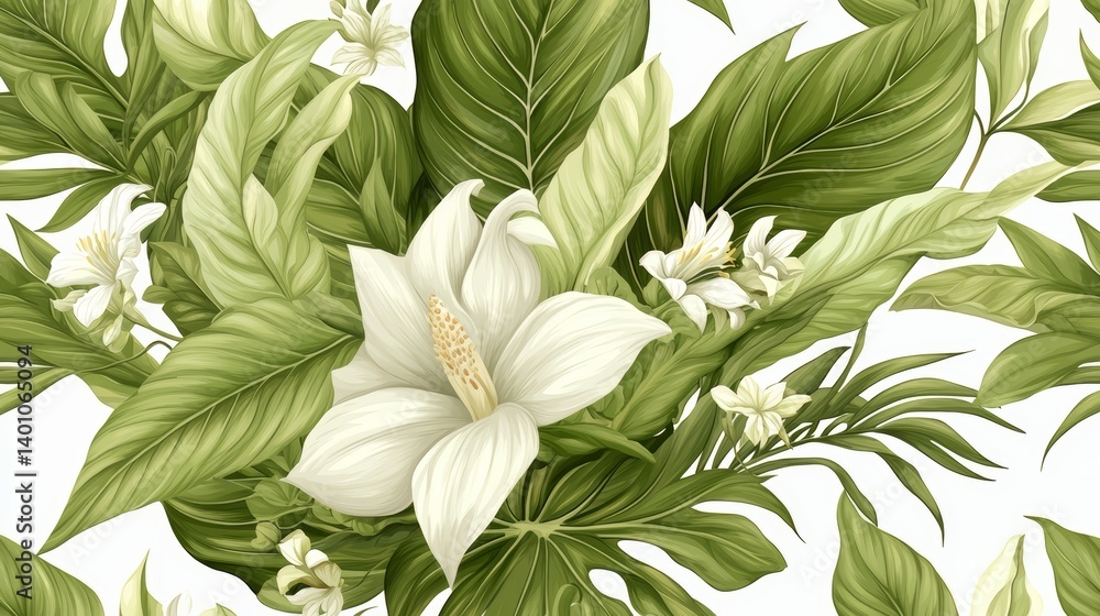 Green and white flower with a yellow center. The flower is surrounded by green leaves. The image has a tropical feel to it Green and white flower with a yellow center. The flower is surrounded by green leaves. The image has a tropical feel to it