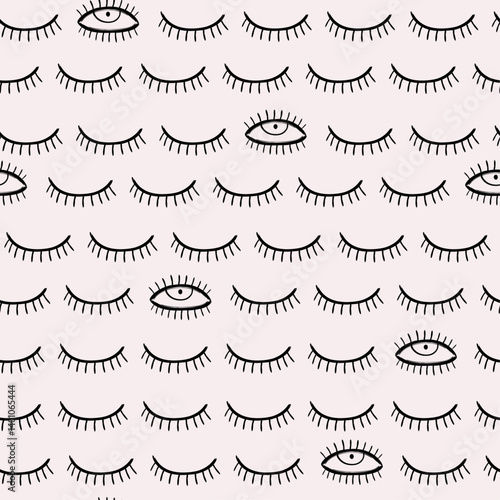 The image features a repeating pattern of closed eyes with eyelashes and a few open eyes with pupils. The eyes are drawn in a simple, cartoon style with black outlines and white interiors.