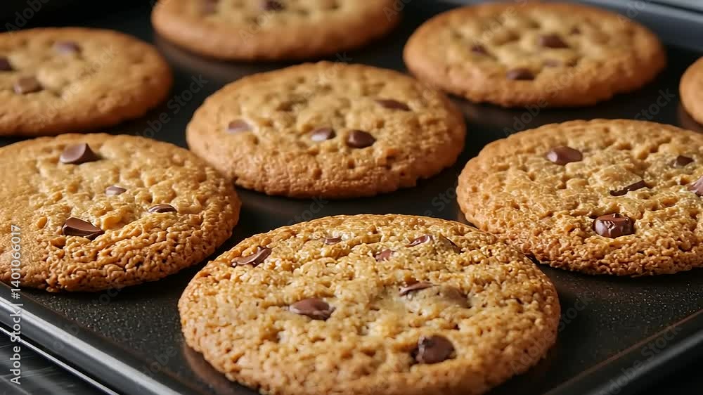 Freshly baked chocolate chip cookies cooling on a tray, with a kitchen backdrop and soft lighting