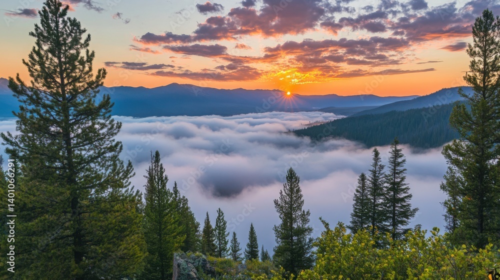Sunrise over misty mountain forest with fog covering valleys, silhouetted trees and dramatic colorful clouds in peaceful morning. Copy space Sunrise over misty mountain forest with fog covering valleys, silhouetted trees and dramatic colorful clouds in peaceful morning. Copy space