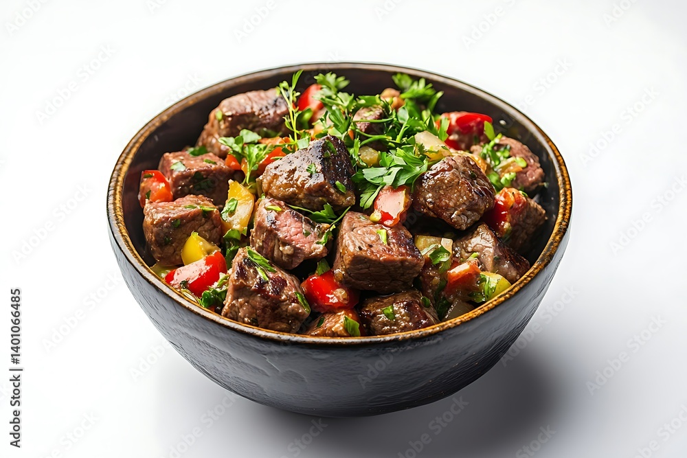 Savory Cubed Beef with Vegetables and Herbs in Bowl on White Background – Hearty & Flavorful Dish Close-Up Savory Cubed Beef with Vegetables and Herbs in Bowl on White Background – Hearty & Flavorful Dish Close-Up