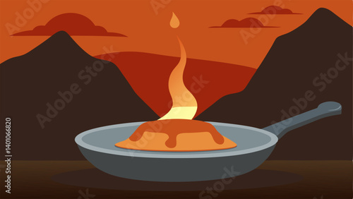 Lava Cake Baking Illustrate a closeup view of a cake pan positioned over a glowing pool of lava. The cake batter is visibly rising creating a perfect dome shape. In the background