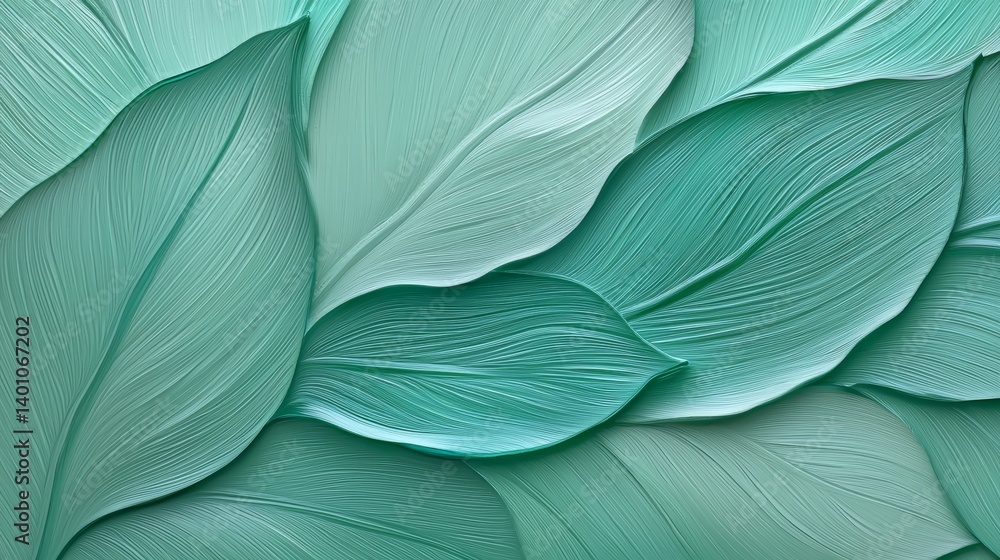 Obraz premium Green leaves with a blue background. The leaves are arranged in a way that creates a sense of movement and depth. The overall mood of the painting is serene and calming, as the green leaves