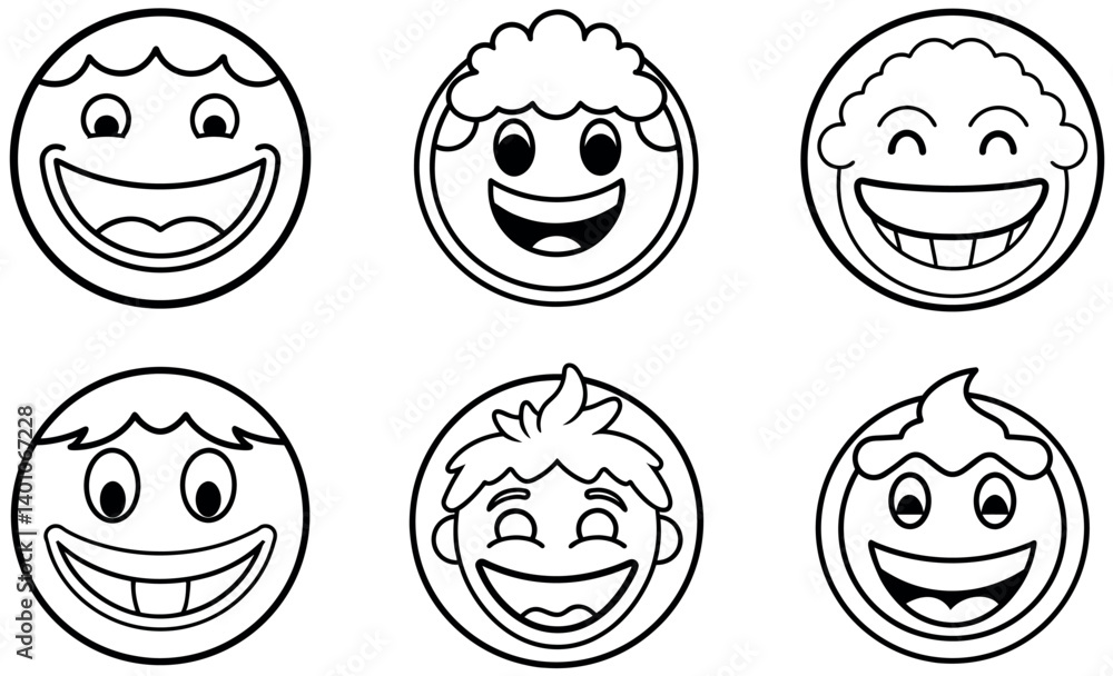 Cute Emoji Faces with Smiles - Character Illustrations, Cartoon Line Art Cute Emoji Faces with Smiles - Character Illustrations, Cartoon Line Art