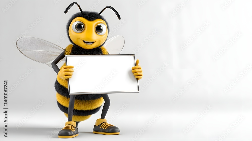 Business Bee Mascot 3D Character Holding a Sign