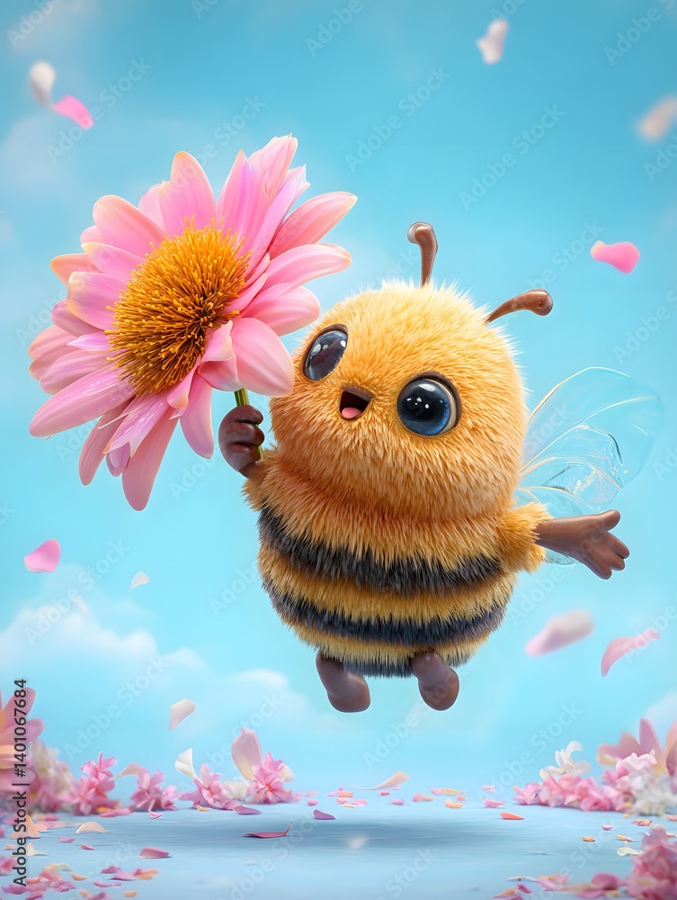 3D Cartoon Bee Flying with a Flower in Its Hands