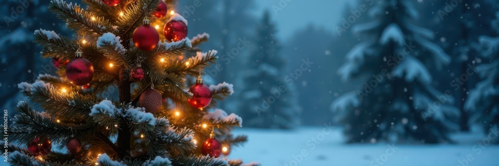 Winter festive tree decorated with ornaments and lights against a snowy background , tree, christmas Winter festive tree decorated with ornaments and lights against a snowy background , tree, christmas