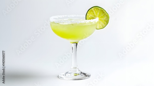 Obraz na płótnie Classic Margarita Cocktail with Lime Wedge and Salt Rim on White Background w salonie
