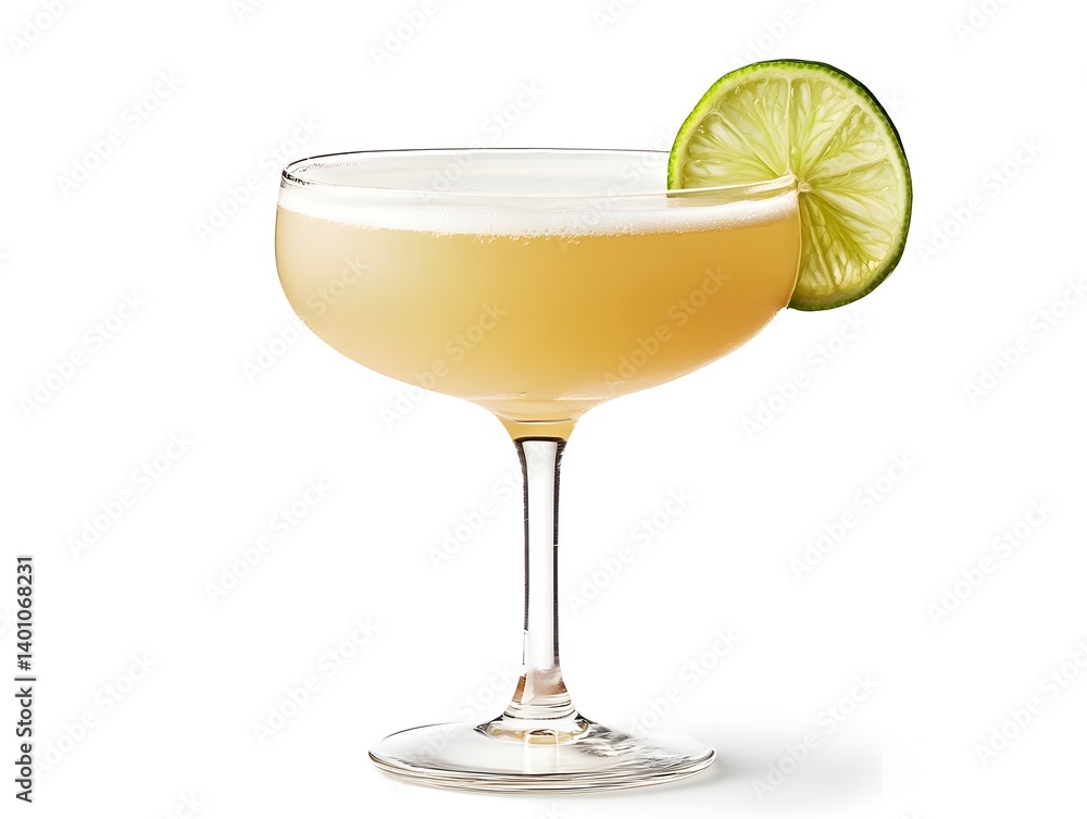 Daiquiri Cocktail in a Coupe Glass with Lime Slice on White Background