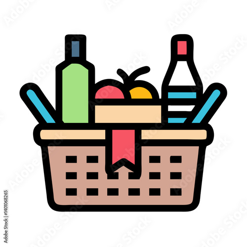 Picnic Basket with Food and Drink Icon Design