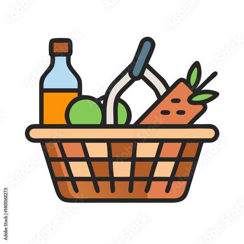 Picnic Basket with Food and Drink Icon Design