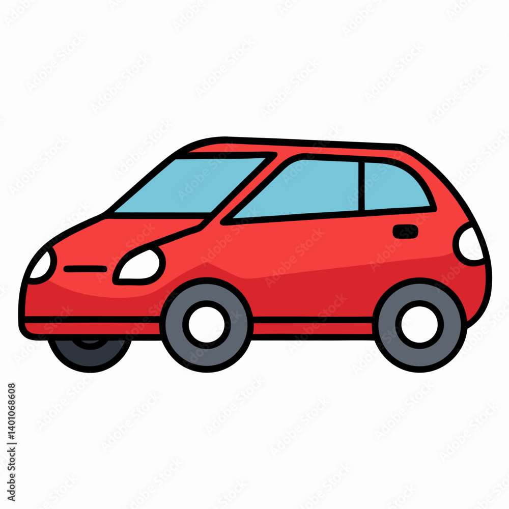 Red compact cartoon car side view transportation icon
Red compact cartoon car side view transportation icon