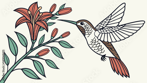 A highly detailed vector icon of a hummingbird hovering near a flower
