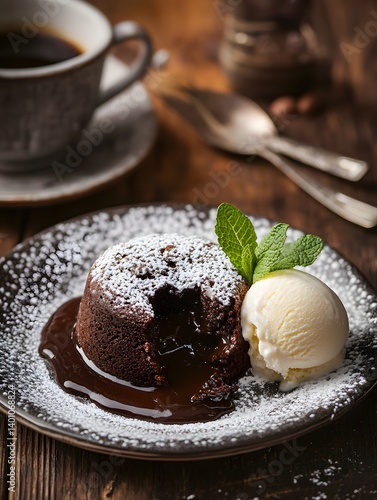 Decadent Chocolate Lava Cake with Melted Center and Vanilla Ice Cream