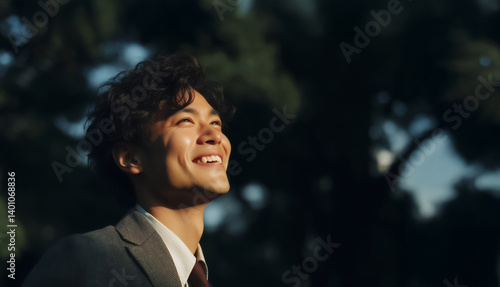 young man in suit smiles joyfully while standing in serene garden setting, with sunlight softly illuminating his face, creating warm and peaceful atmosphere