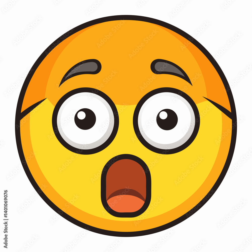 Fototapeta premium Shocked emoji cartoon face with open mouth and raised eyebrows expression
