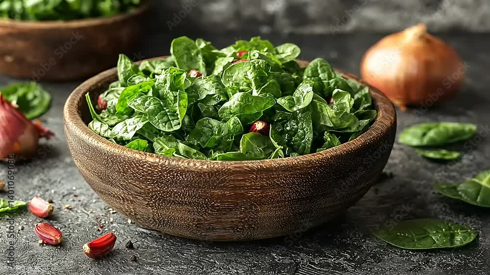 Freshly prepared spinach salad in a rustic wooden bowl, with onions and herbs in the background Freshly prepared spinach salad in a rustic wooden bowl, with onions and herbs in the background
