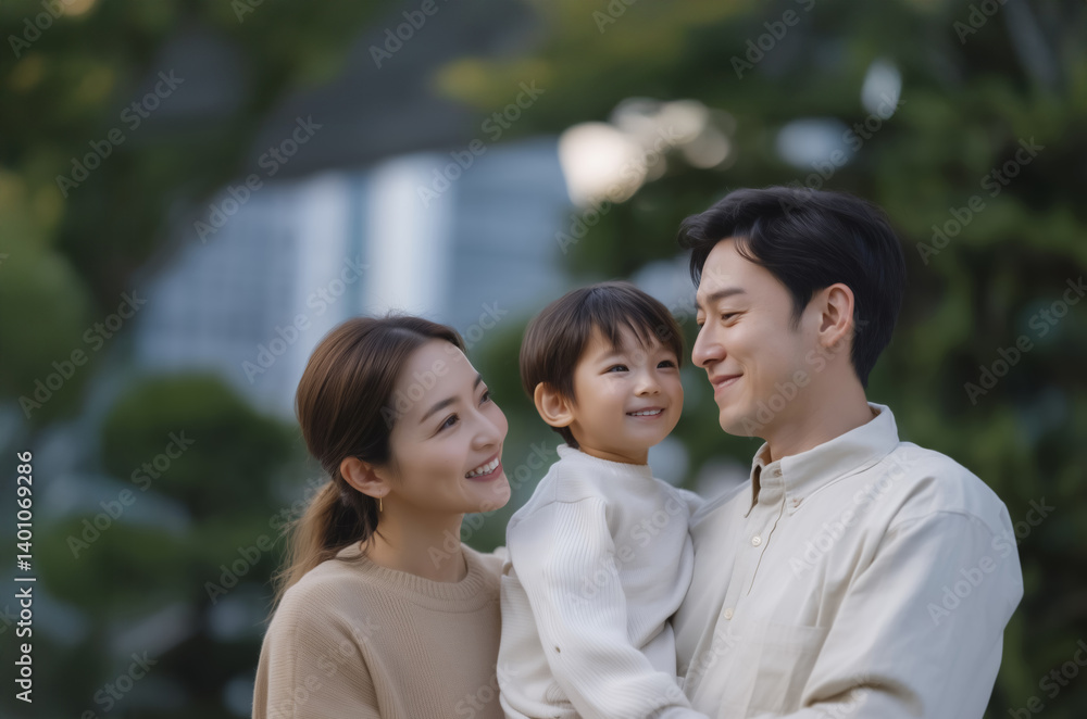 happy family of three enjoys serene moment in lush garden, with parents lovingly holding their smiling child. peaceful setting enhances their joyful expressions happy family of three enjoys serene moment in lush garden, with parents lovingly holding their smiling child. peaceful setting enhances their joyful expressions