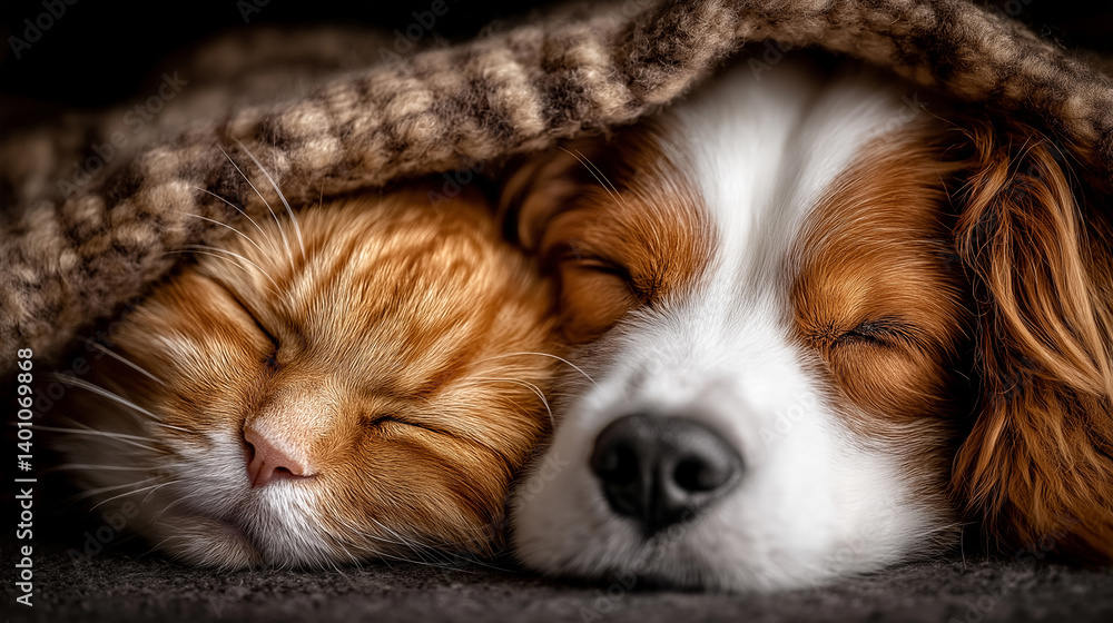 Fototapeta premium Cat and dog sleeping together under a blanket in a cozy bed.