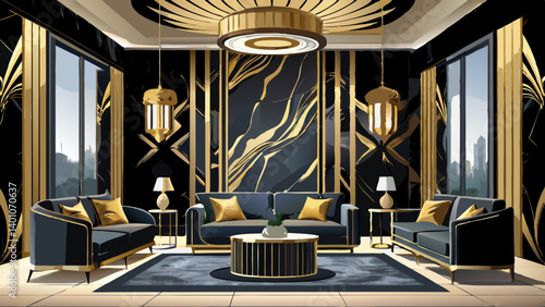 Luxurious and elegant interior design featuring black and gold accents. space showcases modern aesthetic with plush seating and stunning marble wall