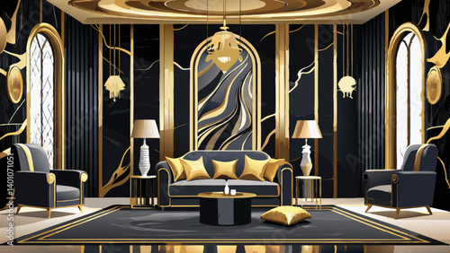 Luxurious and elegant interior design featuring black and gold accents. space showcases modern aesthetic with plush seating and stunning marble wall