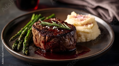 Obraz na płótnie Gourmet Fine Dining: Elegant Medium-Rare Steak with Red Wine Sauce on a Rustic Plate w salonie