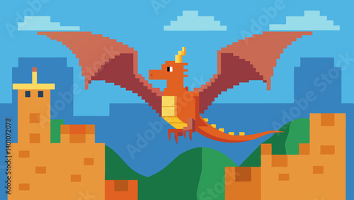 Dragon Flying Over a Pixel Art Kingdom
