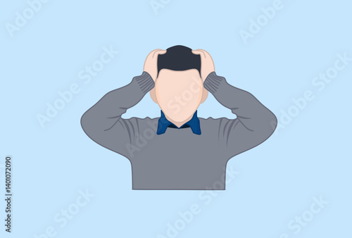 Young man suffering migraine headache problem holding head with hands