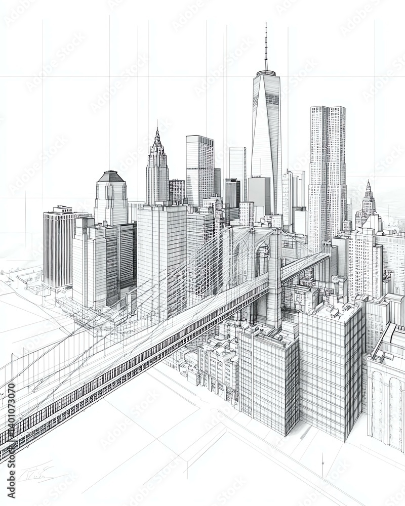Naklejka premium A detailed architectural sketch of a modern skyline, showcasing iconic skyscrapers and intricate bridges in urban design.