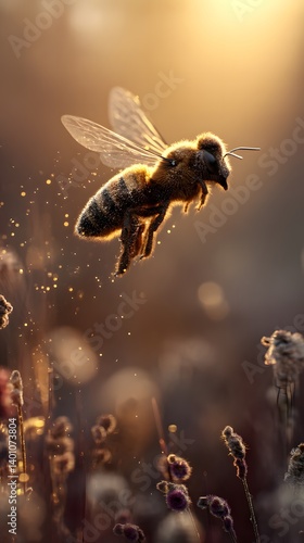Obraz na płótnie Heroic 3D Bee in Mid-Flight Over Sunset Field w salonie