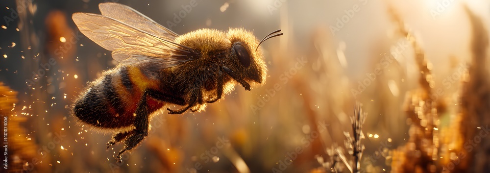 Heroic 3D Bee in Mid-Flight Over Sunset Field