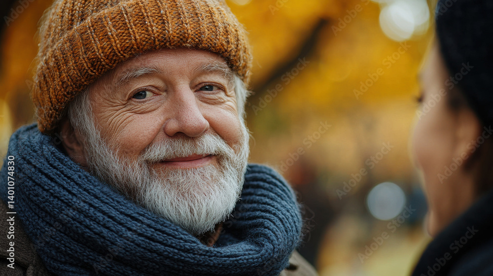 senior man smiling warmly outdoors in autumn scenery senior man smiling warmly outdoors in autumn scenery