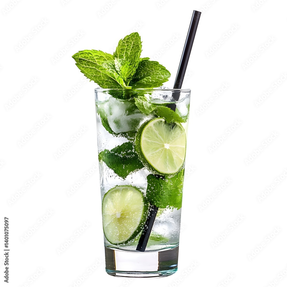 Mojito Cocktail in a Highball Glass with Mint and Lime on White Background