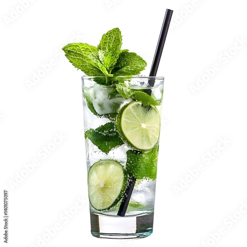 Obraz na płótnie Mojito Cocktail in a Highball Glass with Mint and Lime on White Background w salonie