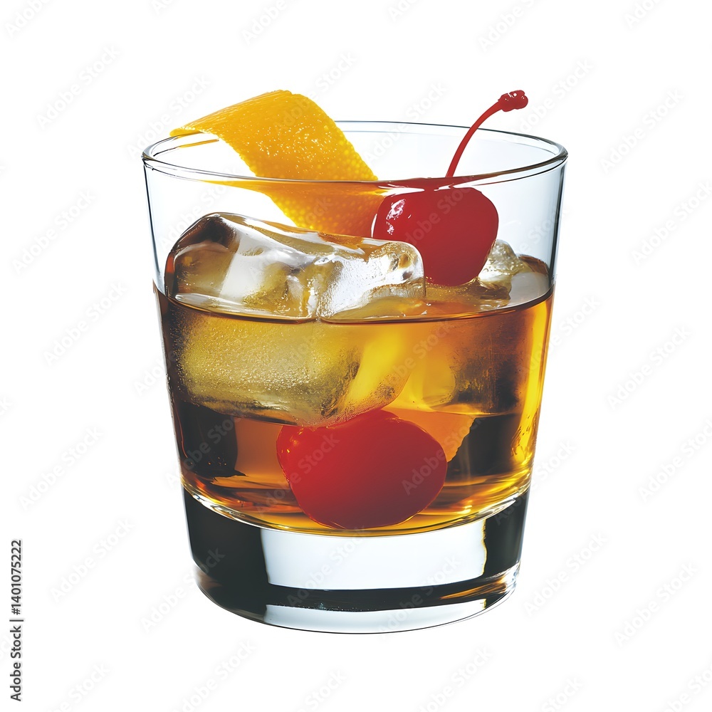 Old Fashioned Cocktail with Orange Peel and Ice on White Background