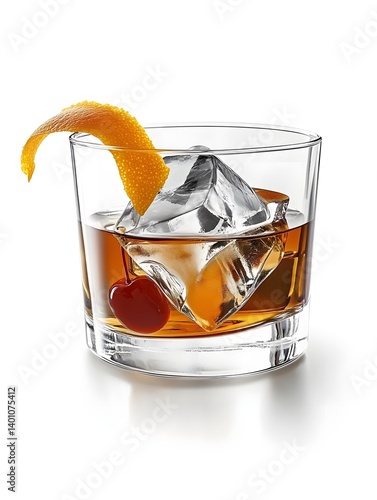 Old Fashioned Cocktail with Orange Peel and Ice on White Background