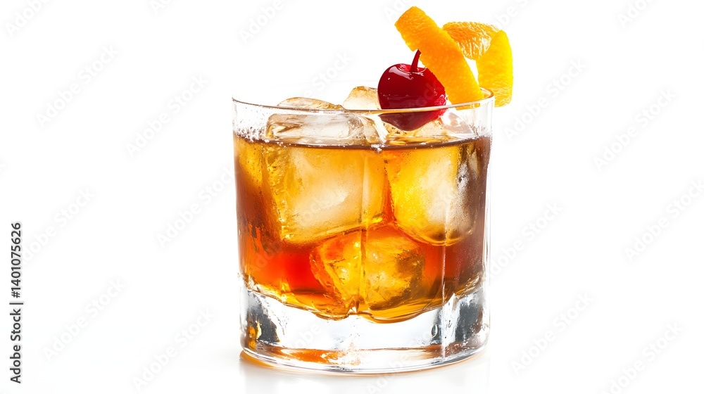 Old Fashioned Cocktail with Orange Peel and Ice on White Background