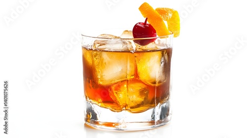 Obraz na płótnie Old Fashioned Cocktail with Orange Peel and Ice on White Background w salonie