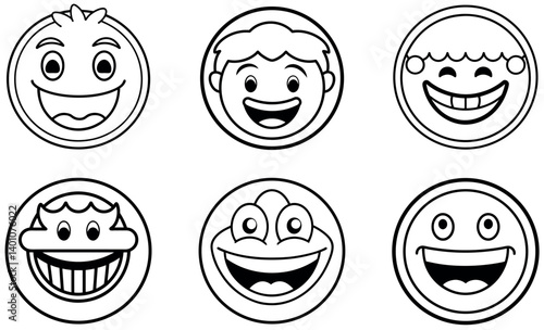 Collection of happy cartoon faces in black and white
