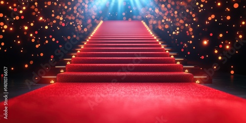 Elegant red carpet leading towards bright lights in a glamorous event setting