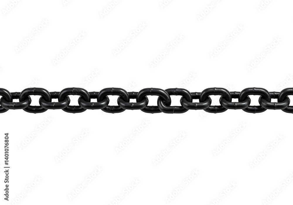 Fototapeta premium A 3d straight horizontal dark chain with oval links against a white background