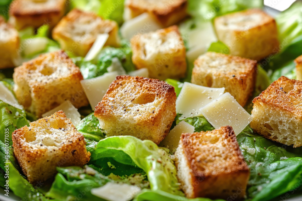 Crispy croutons in Caesar salad fresh romaine lettuce parmesan cheese on transparent background Crispy croutons in Caesar salad fresh romaine lettuce parmesan cheese on transparent background