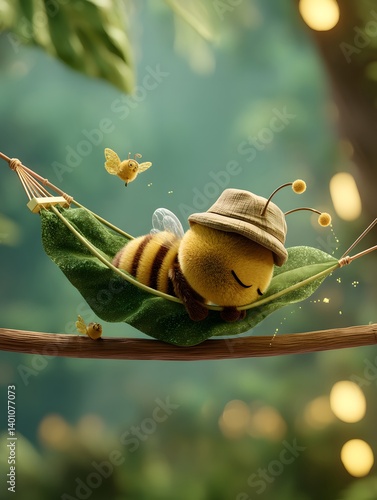 Sleepy 3D Cartoon Bee on a Leaf Hammock