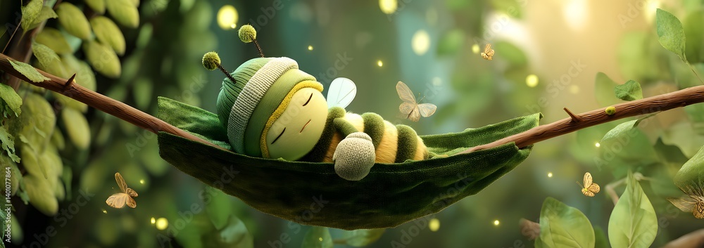 Sleepy 3D Cartoon Bee on a Leaf Hammock