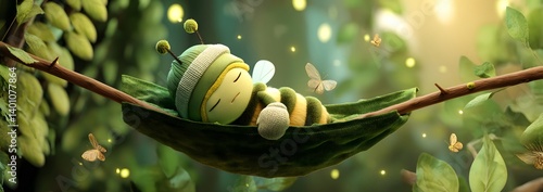 Obraz na płótnie Sleepy 3D Cartoon Bee on a Leaf Hammock w salonie